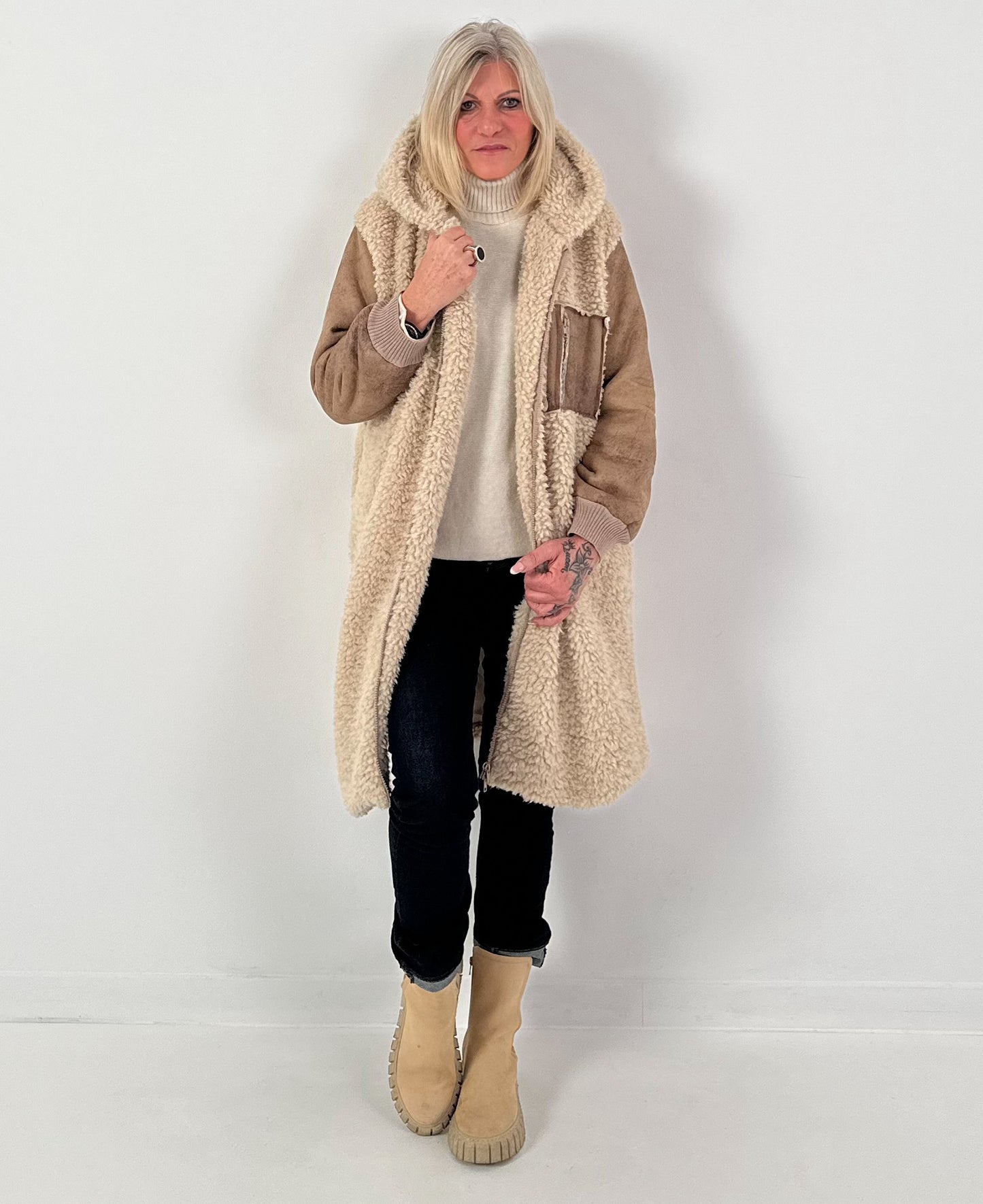 Materiaalmix jas model "Wild Mood" - beige-taupe