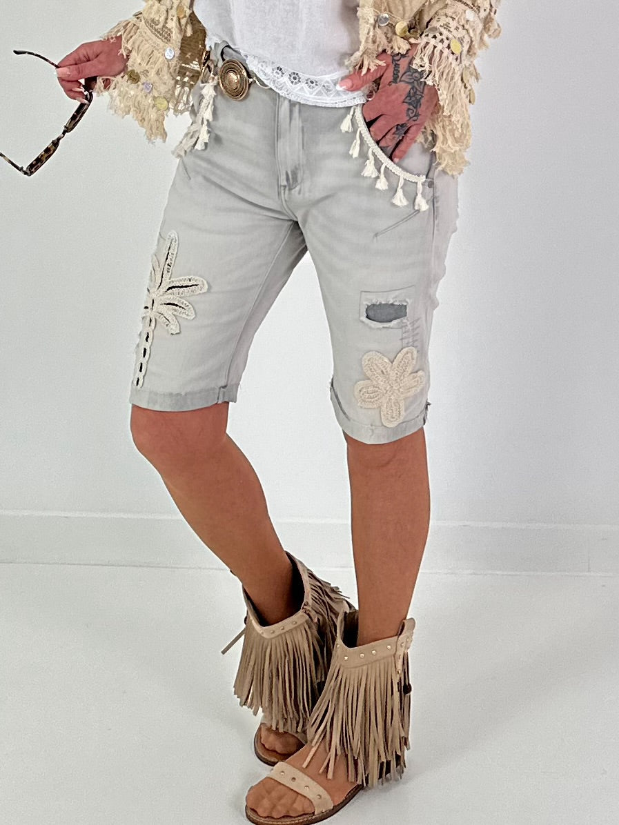 Jeans Shorts with Crochet Patches - Grey