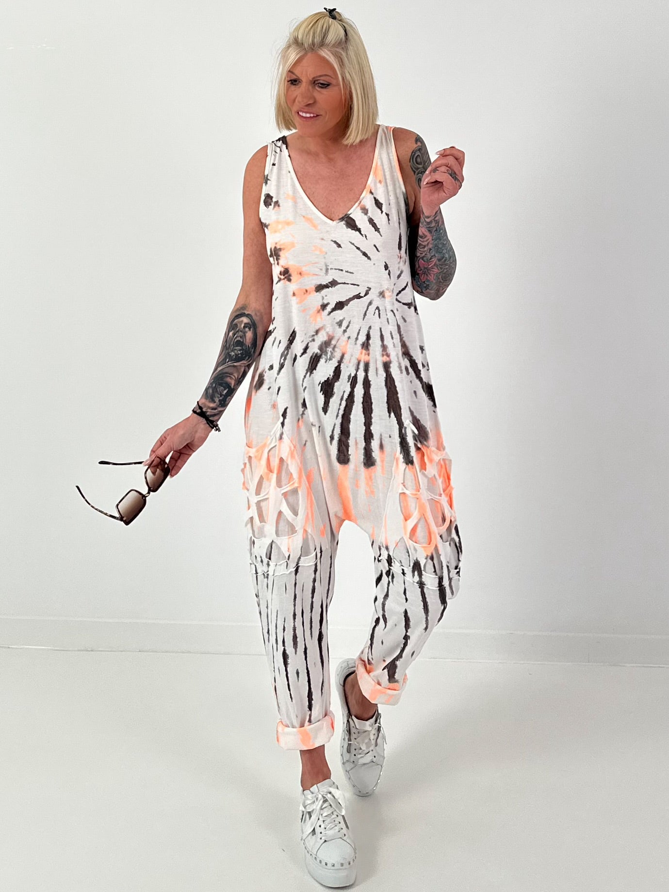 Tie-Dye Jumpsuit with Patch Cut-Out Pockets - white-neon orange-dark brown
