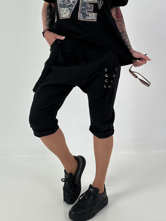 Baggy Shorts with Lace-Up Detail - Black