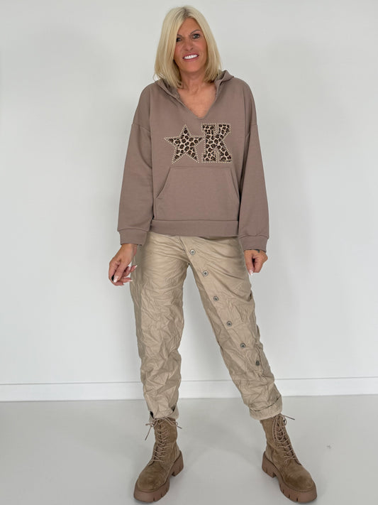 Hoodie mit Leo-Print und Nieten - taupe