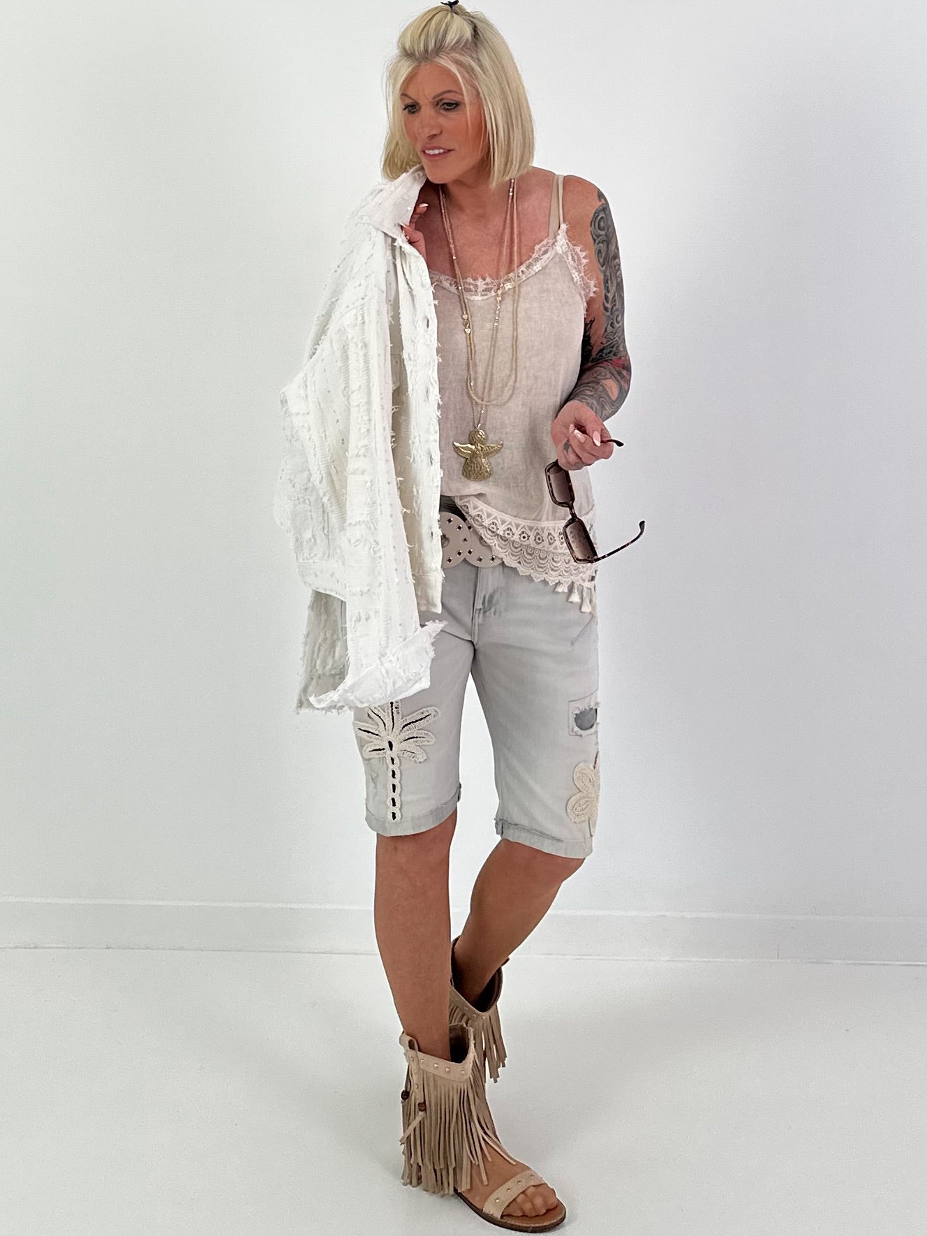 Boho Jacke mit Paillettendetails - weiss