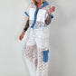 Ausgefallener Zweiteiler mit aufwendigen Denim Details- weiss