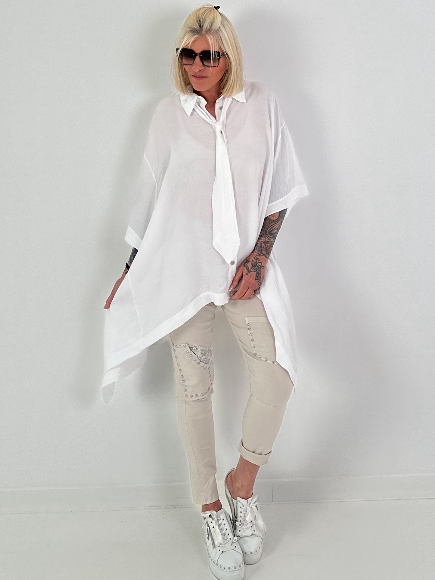 Oversized asymmetrical blouse with tie - white