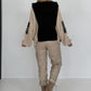 Oversized grofgebreide hoodie met sweat-inzetstuk - zwart-beige
