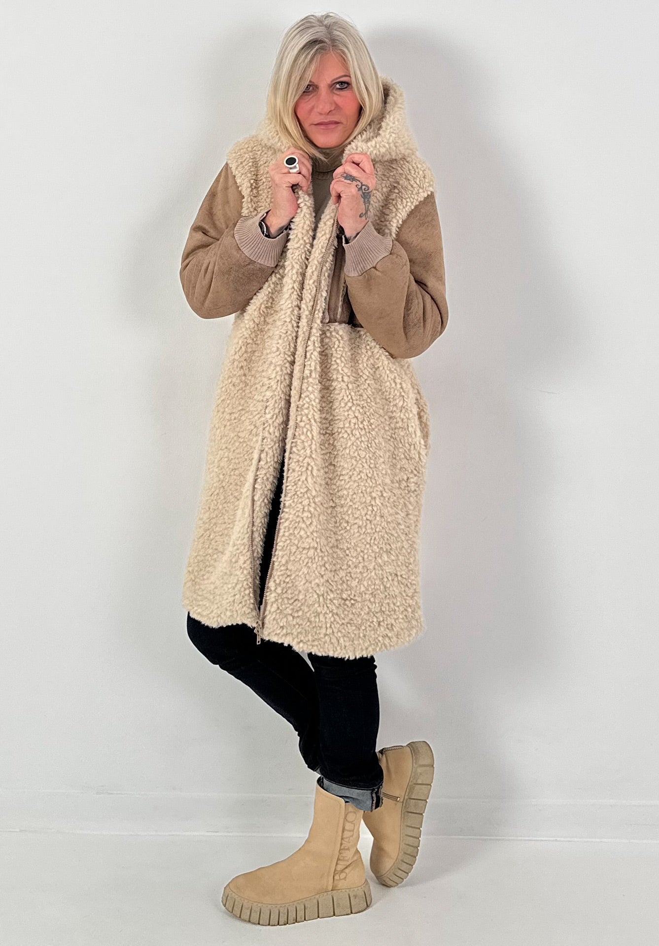 Materiaalmix jas model "Wild Mood" - beige-taupe