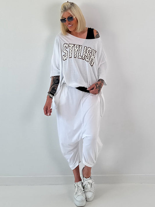 Ponchoshirt met opschrift - wit