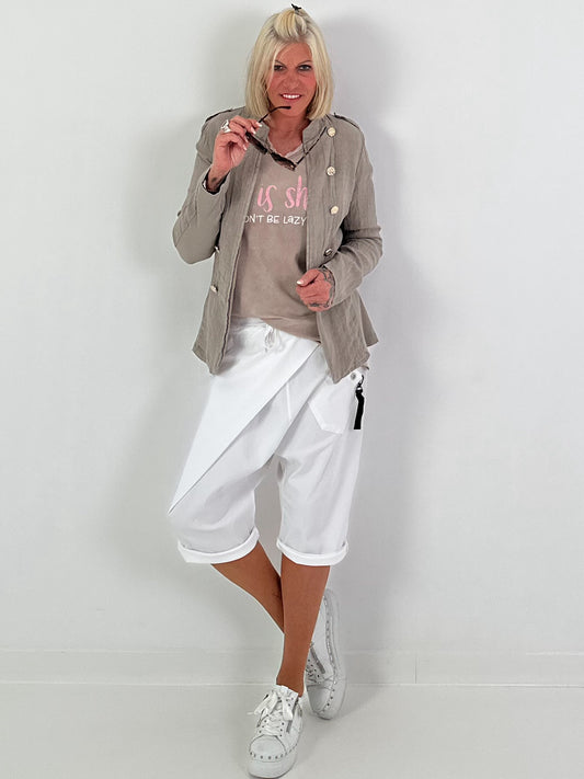 Linnen blazer met decoratieve knopen en ribdetails - taupe
