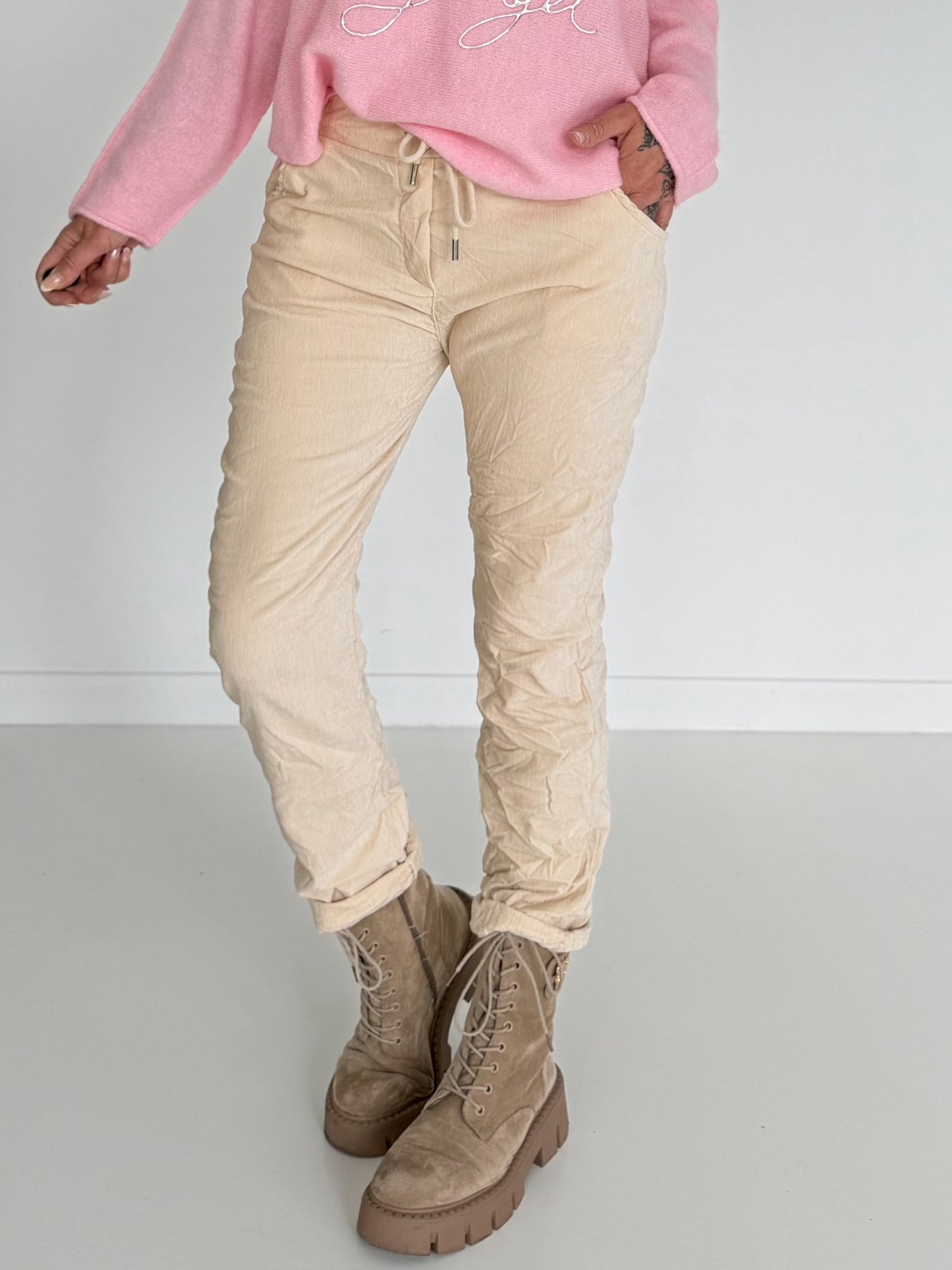 Hose in Knit-Look mit elastischem Bund - vanille
