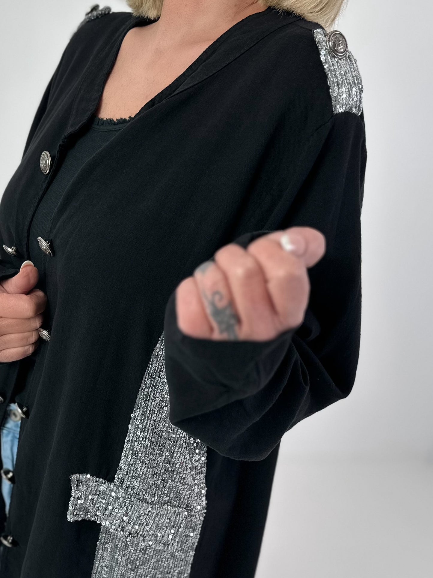 Oversized Linen Military Blazer - Black