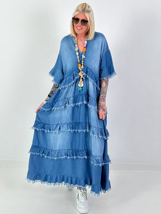 Dark blue ruffled denim dress