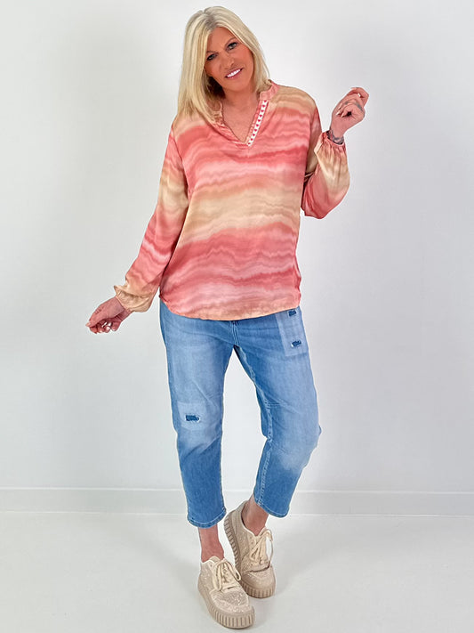 Silk tunic with colour gradient and heart details - pink-multicoloured