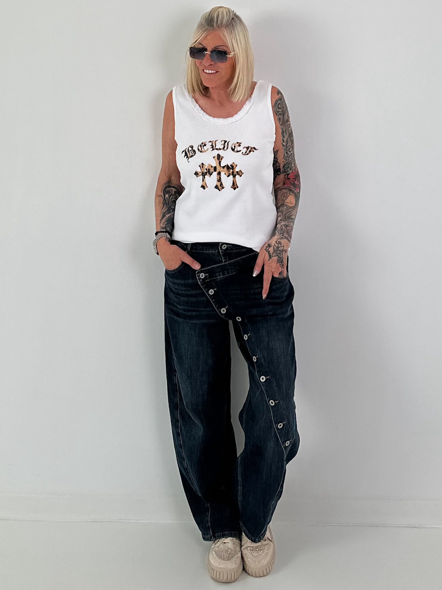 Ribbed Printed Tank Top - white