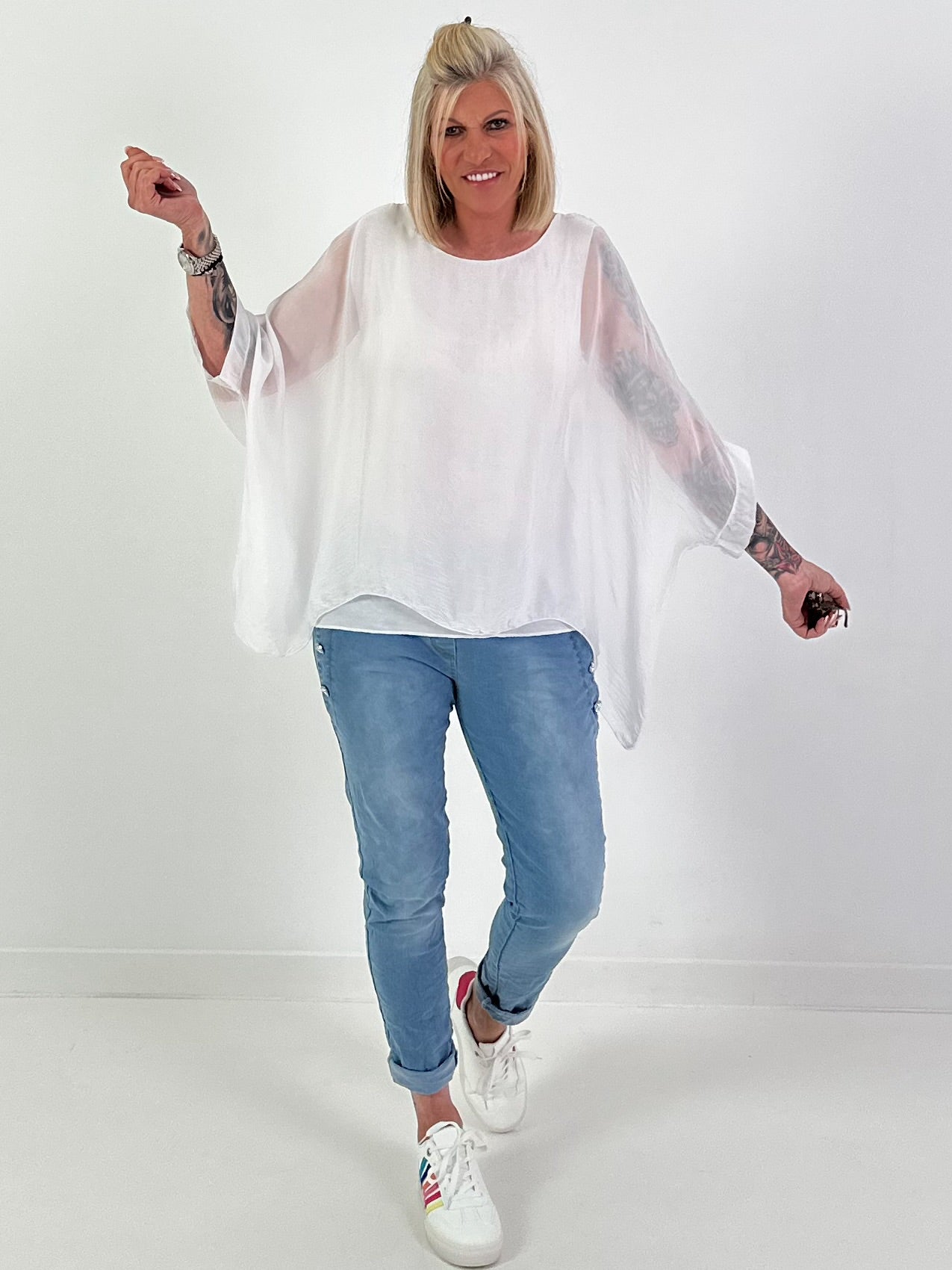 Silk tunic with integrated undershirt - white