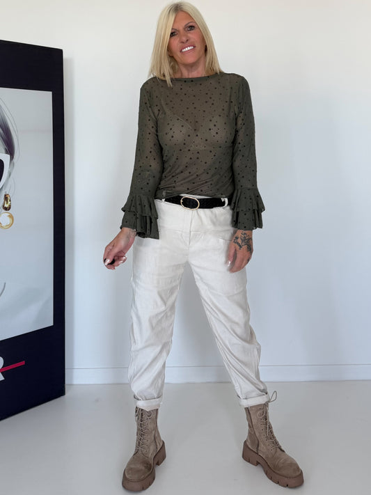 Mesh Shirt mit Punkten und Volantärmeln - oliv