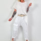 Crochet T-shirt with asymmetrical fringes - white