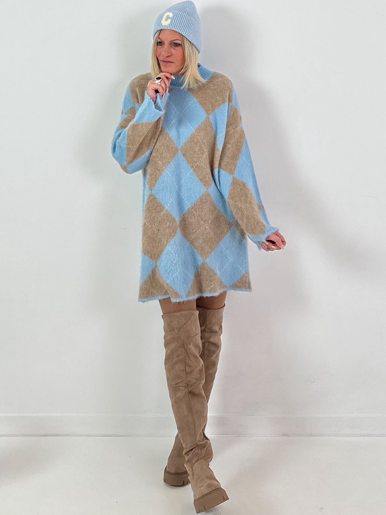 Lange trui/jurk model "Retro Diamond" - blauw-taupe (leverbaar vanaf ca. 06.12.25)