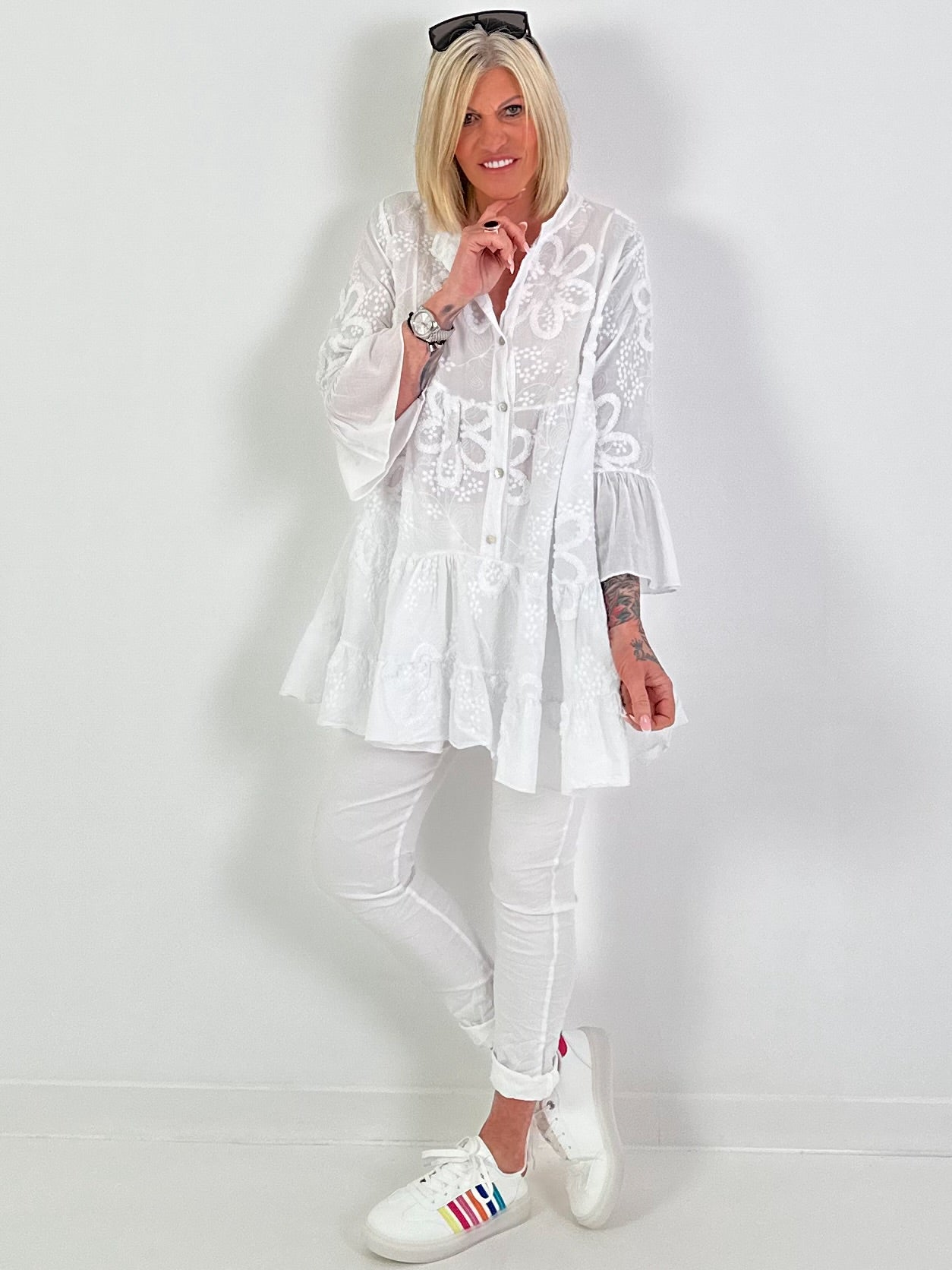 Tunic/dress with terrycloth appliqué - white