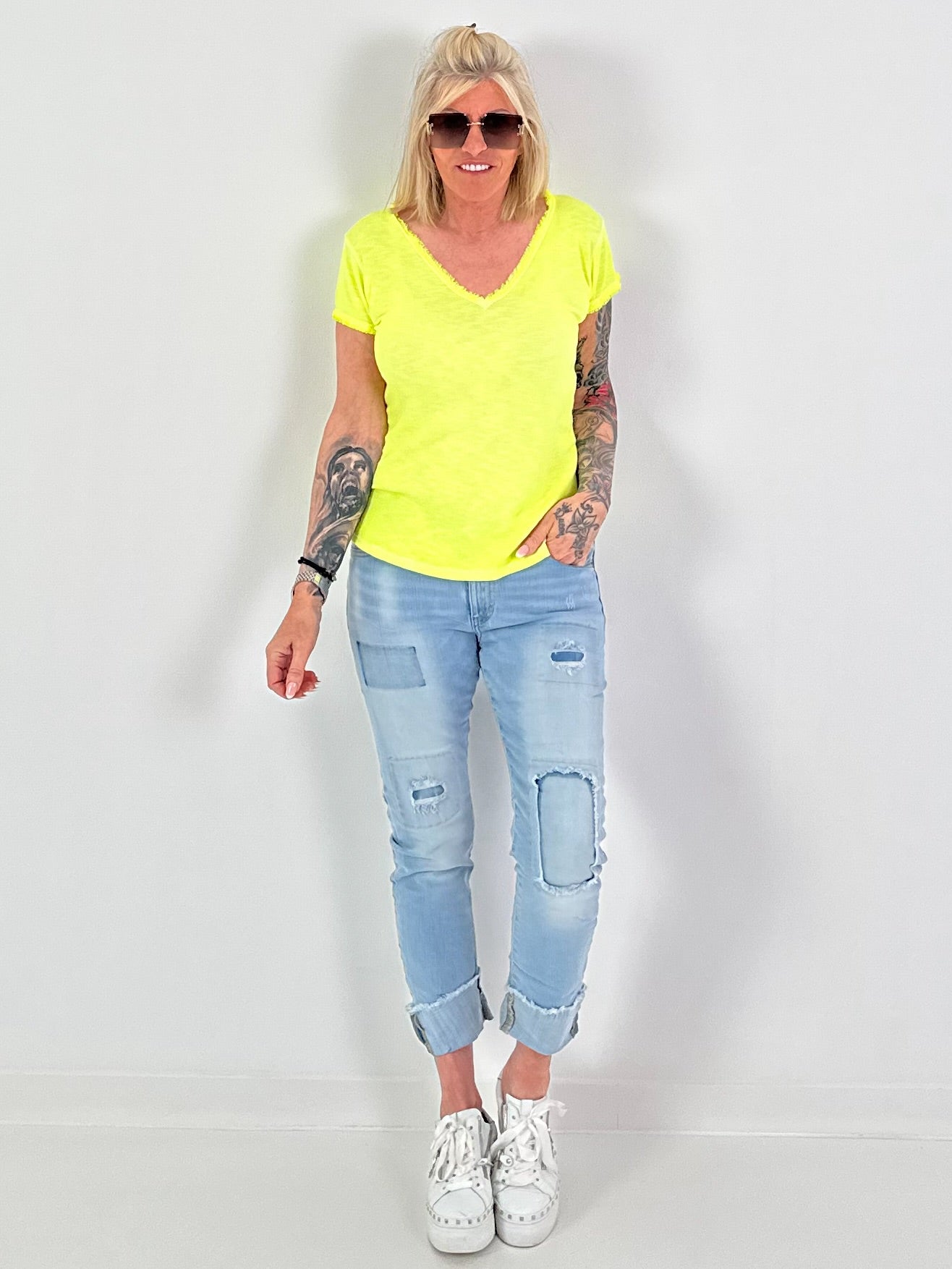 Ripp T-Shirt mit Fransen - neongelb