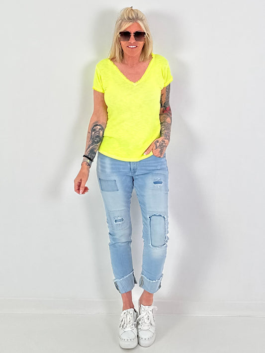 Ripp T-Shirt mit Fransen - neongelb