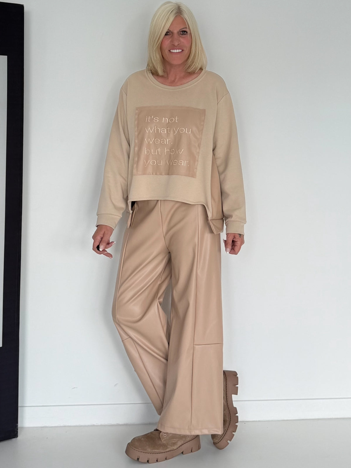 Sweater with faux leather details - beige