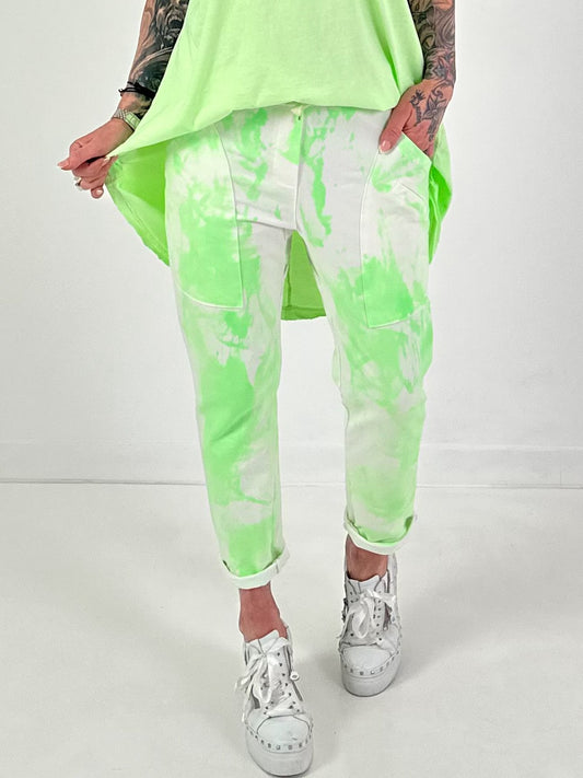 Batik-Hose mit tiefen Taschen - weiss-neongrün