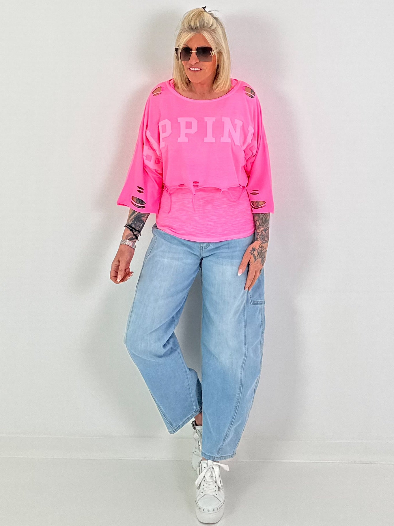 Cropped Sweater Happiness - neon pink