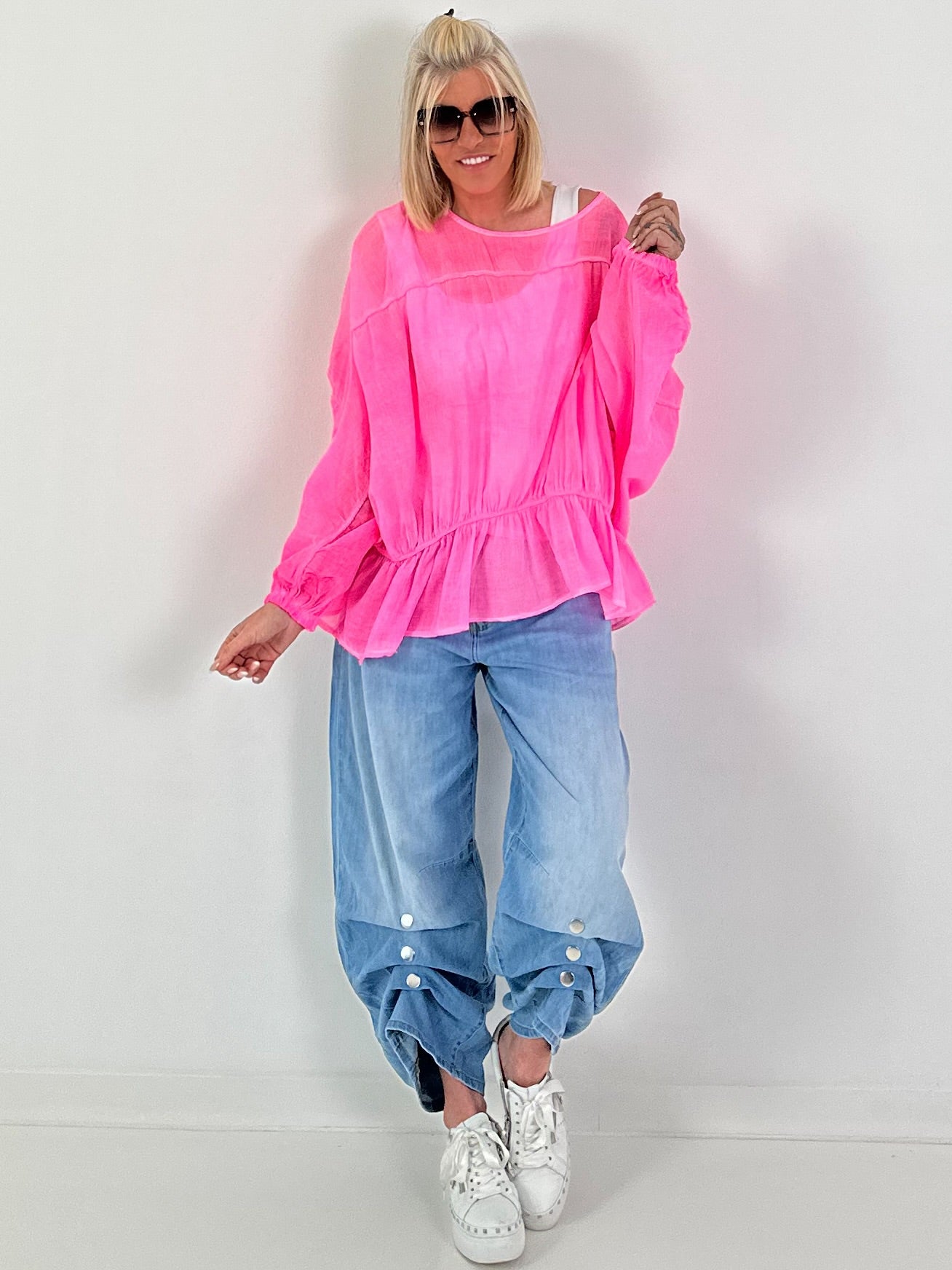 Tunic with flounce hem - neon pink