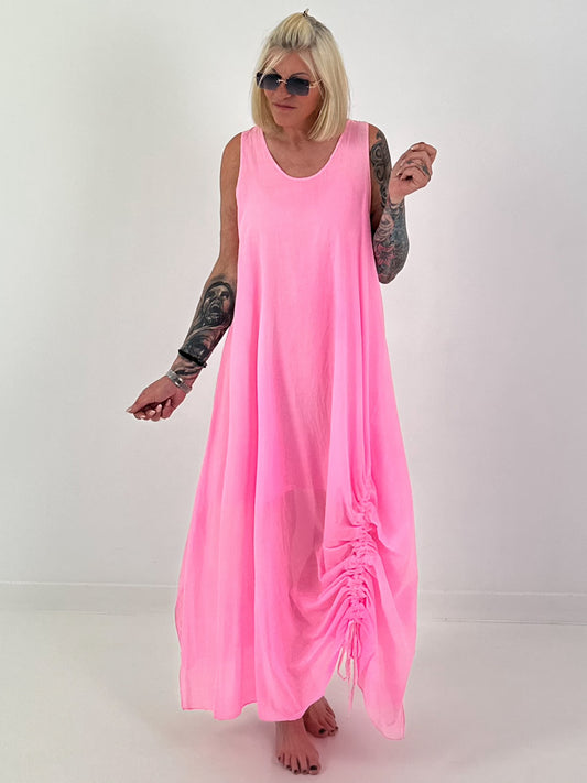 Sommerkleid mit Raff-Detail - neonpink