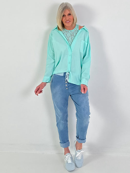 Bluse mit Spitzentop - türkis