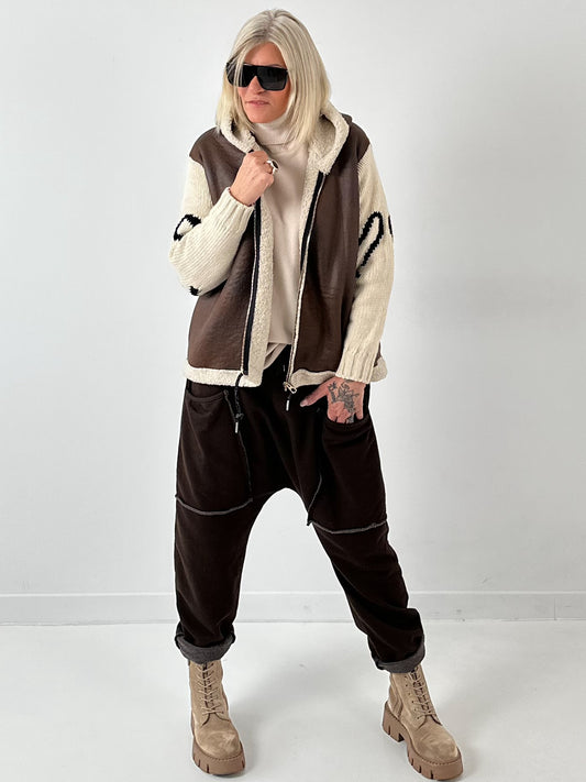 Lamb nappa imitation jacket with knitted sleeves model "Jana" - mocha