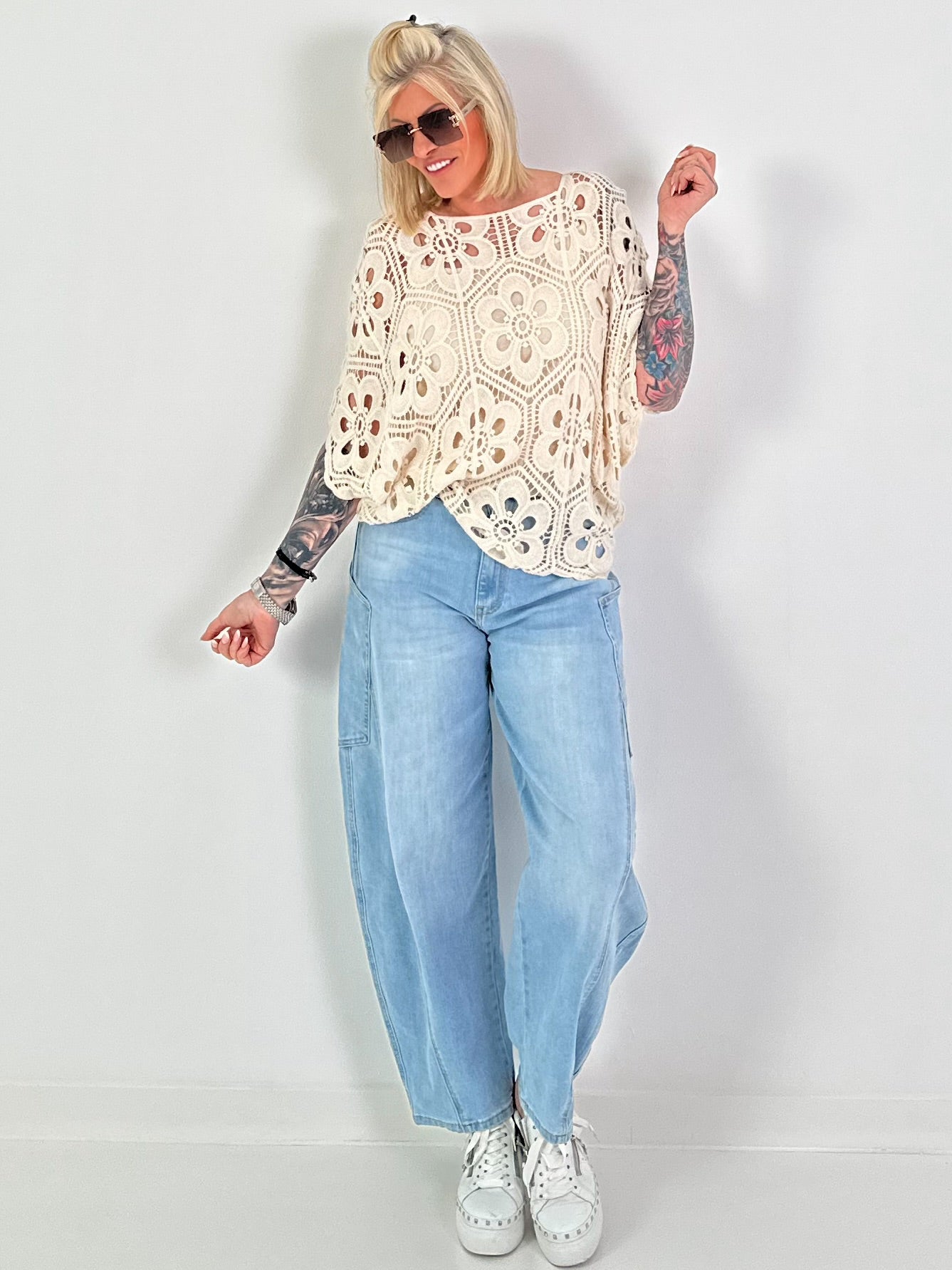 Crocheted Top with Undershirt - beige