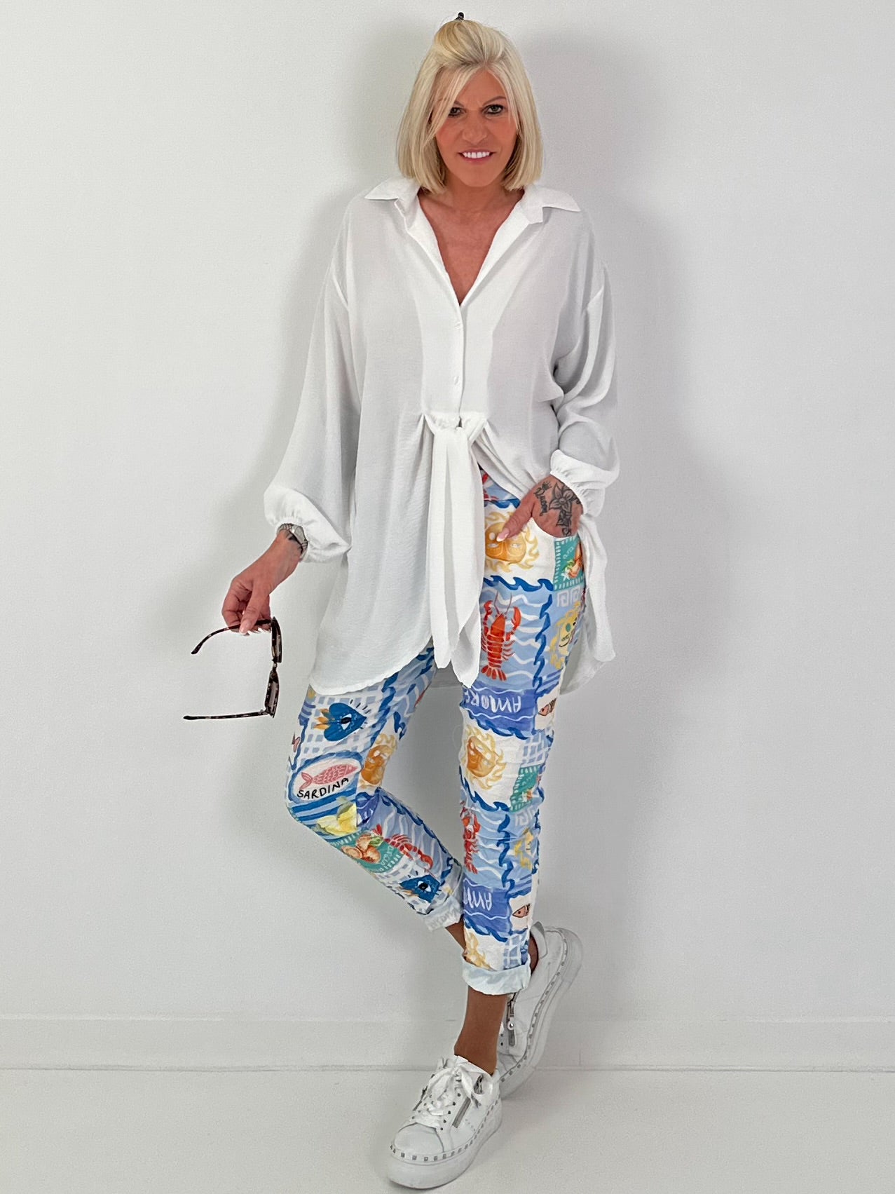 Lange blouse met strikband - wit