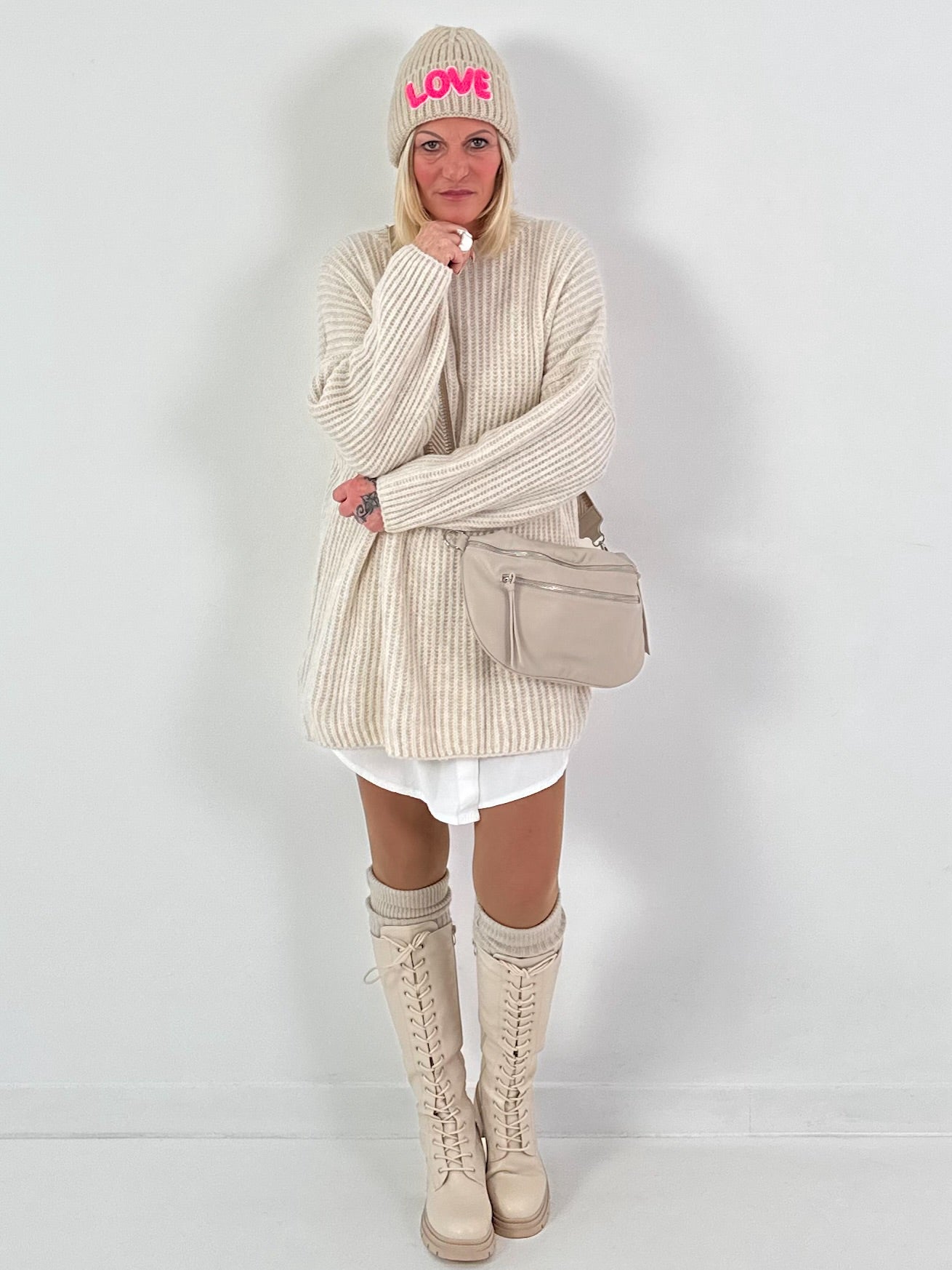Long sweater model "Rib Relaxe" - beige