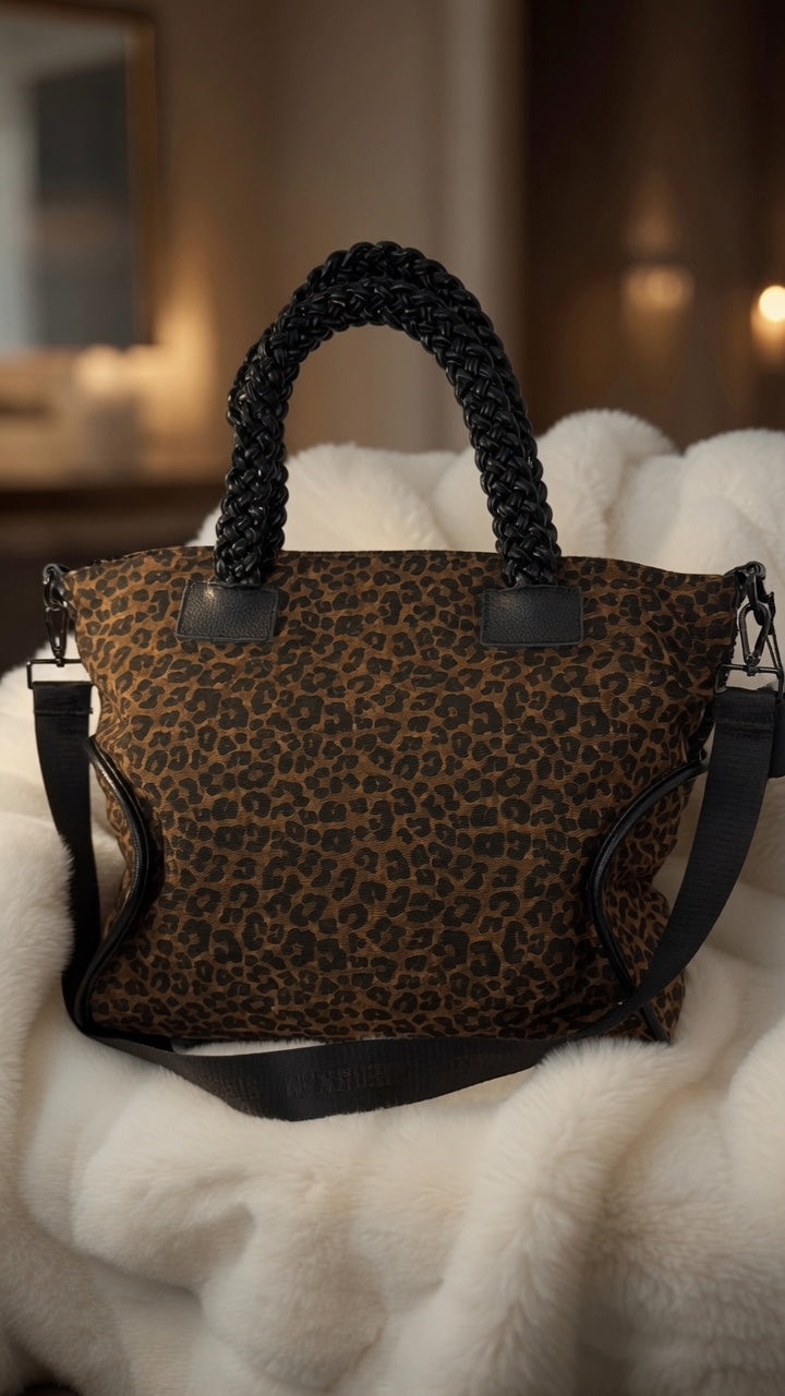 Stylish Canvas Bag with Genuine Leather Details Skull - black-silver-leopard camel