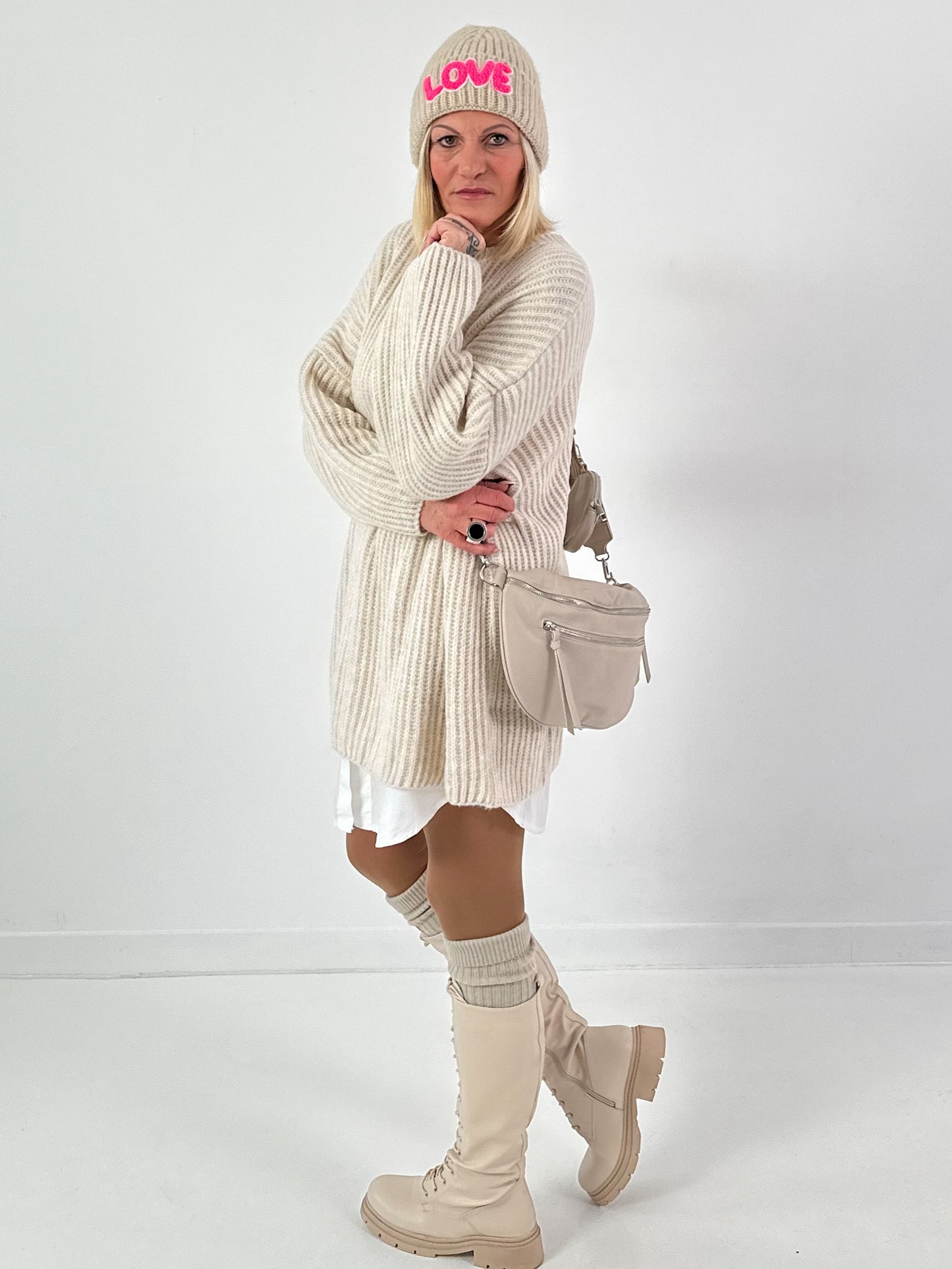 Long sweater model "Rib Relaxe" - beige