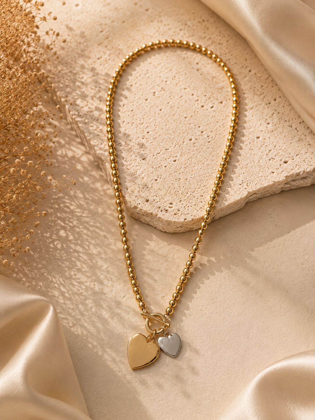 Giuno Kette mit T-Verschluss und Doppelherzen - gold