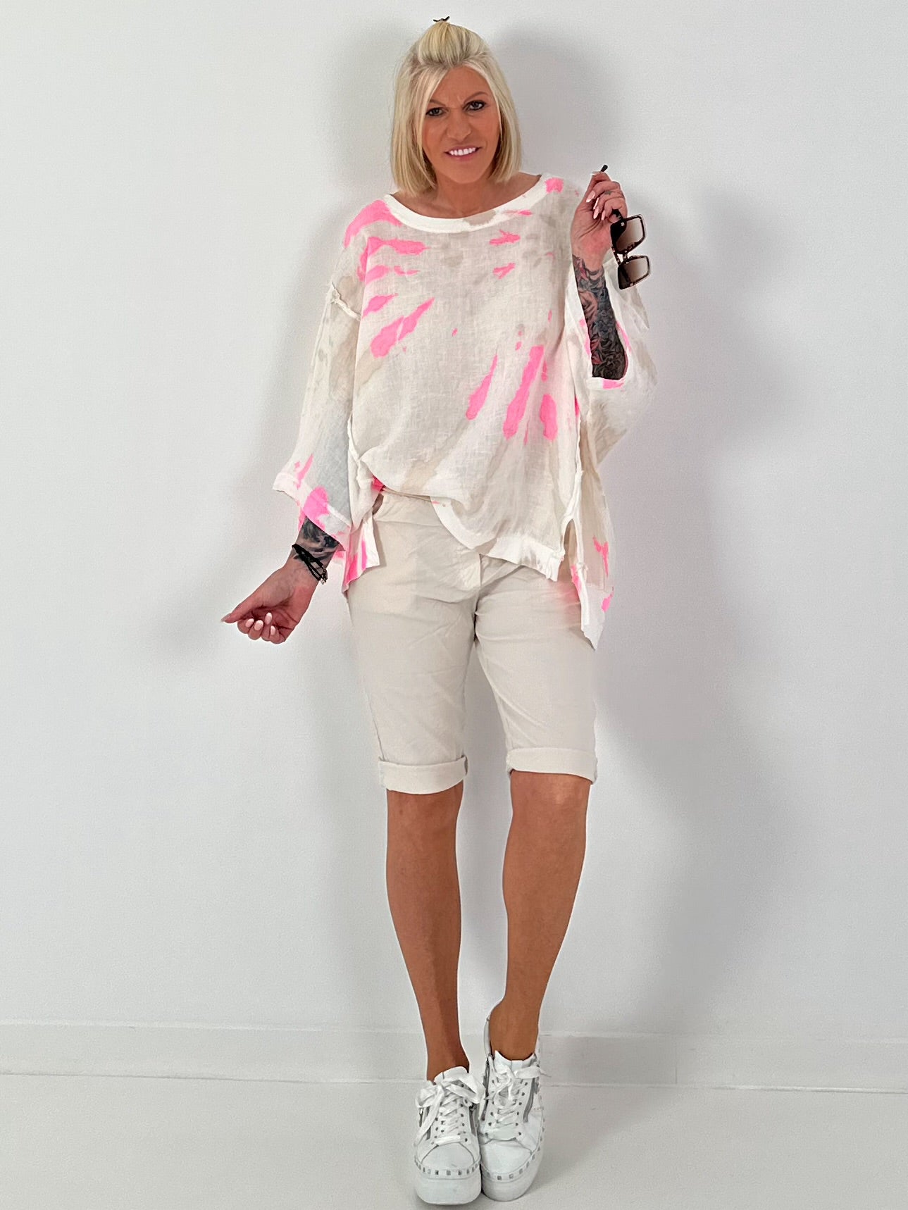 Oversized Batik Linen Shirt - white-neon pink-beige