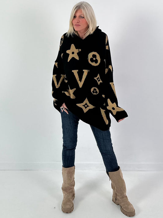 Hooded knit sweater, model "Cozy Beam" - black