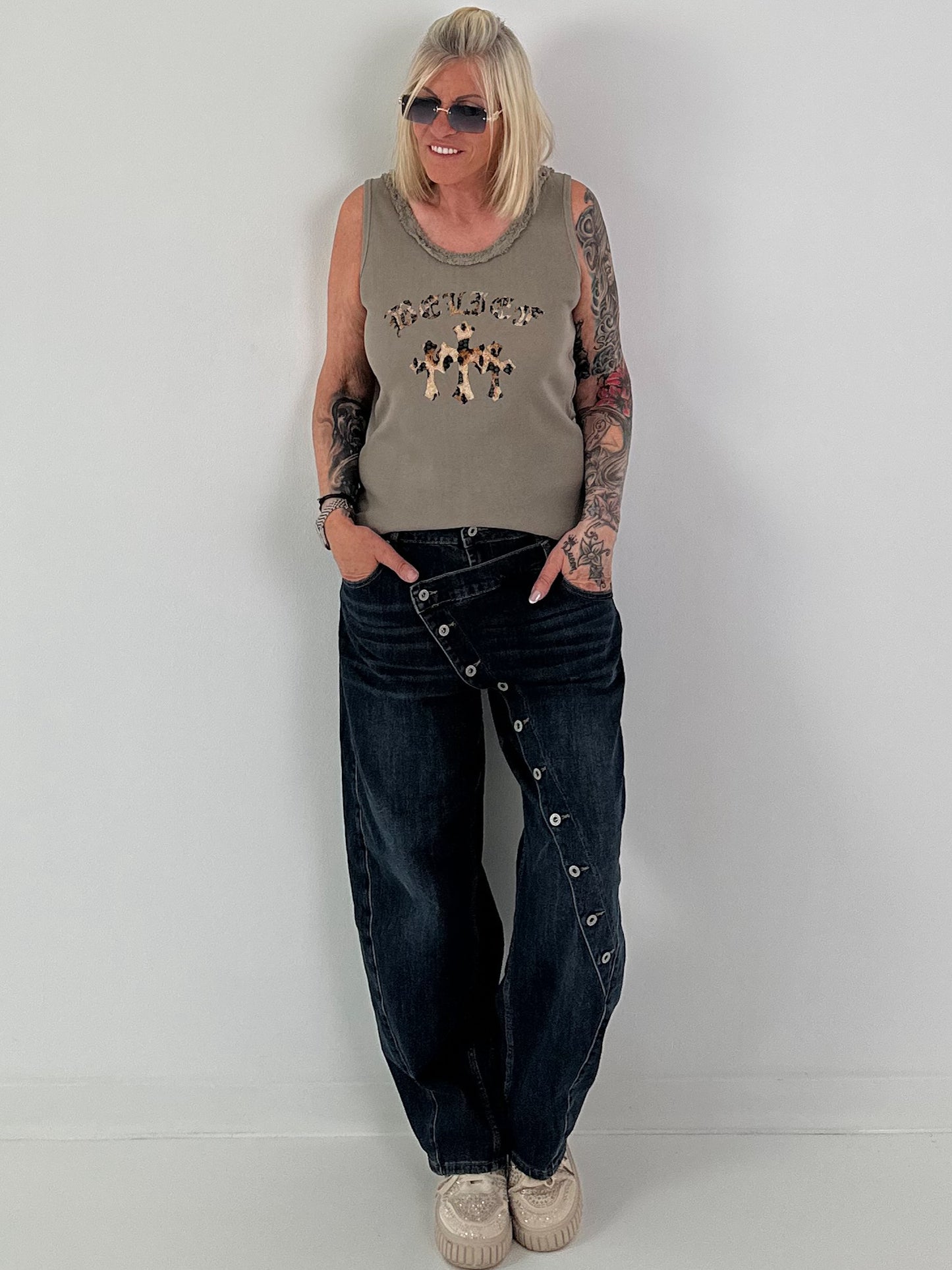 Ripp Tank Top mit Print  - taupe