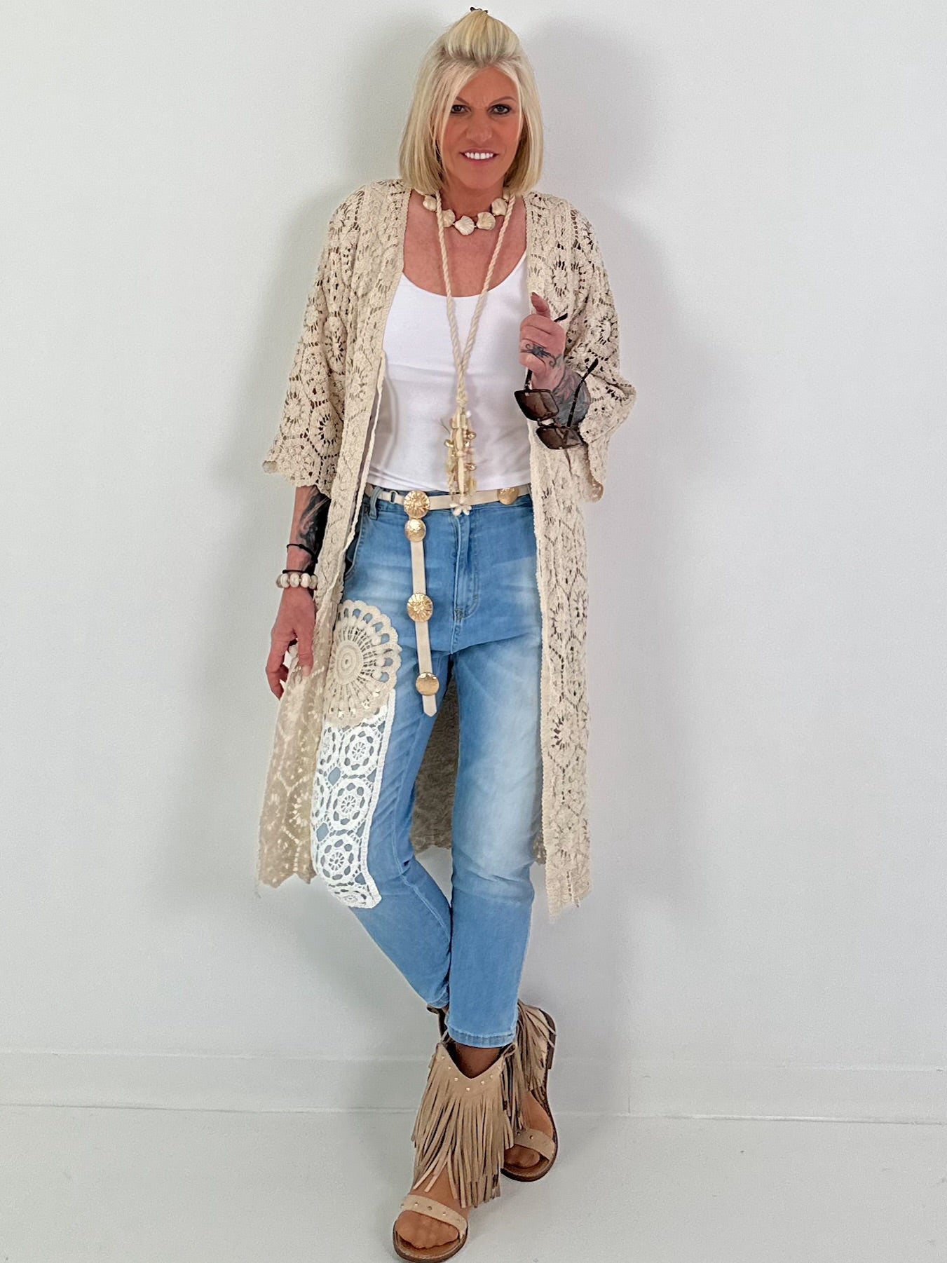 Häkelmantel zum Binden - beige
