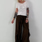 Wide-leg trousers with tie frill - chocolate