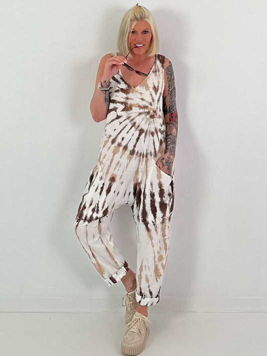 Tie-dye jumpsuit - white-beige-dark brown