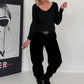 Rippshirt mit fransigem V-Ausschnitt - schwarz
