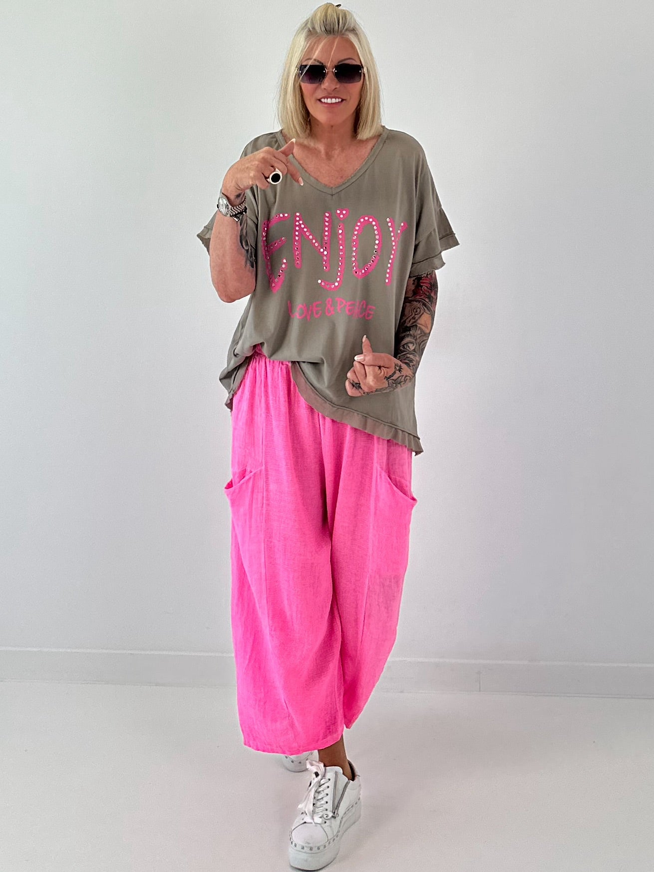 Balloon Linen Trousers with Fringe Details - taupe
