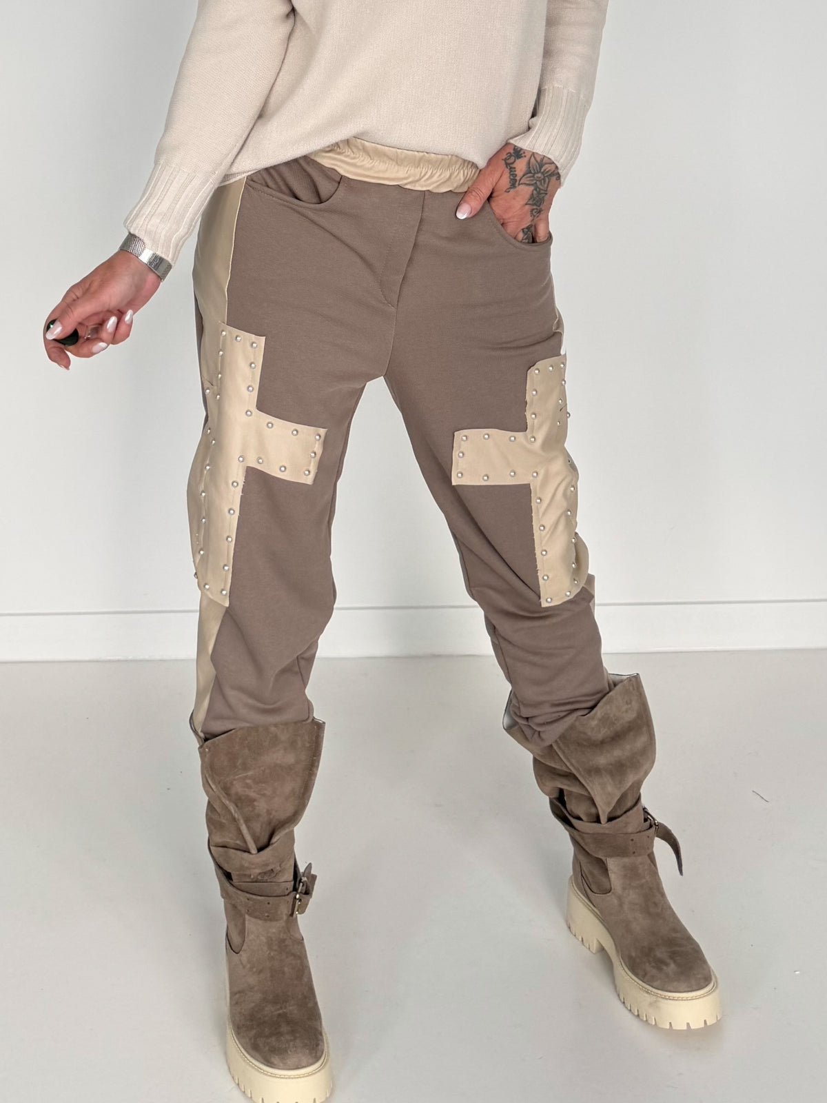 Sweathose im Materialmix - taupe-beige