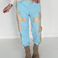 Sweathose im Materialmix - hellblau -beige