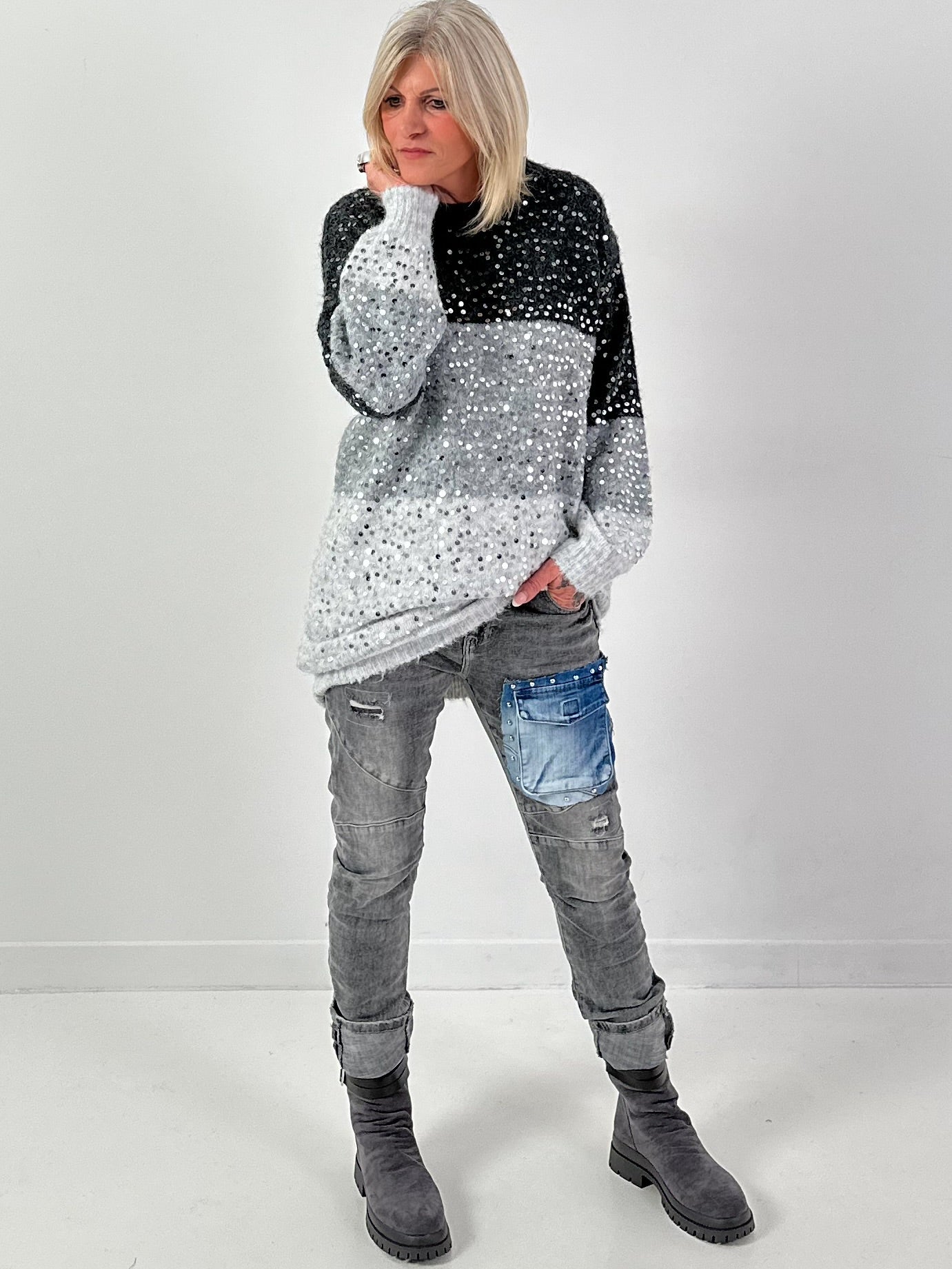 Long pullover model "Block Spark" - grey-multicoloured
