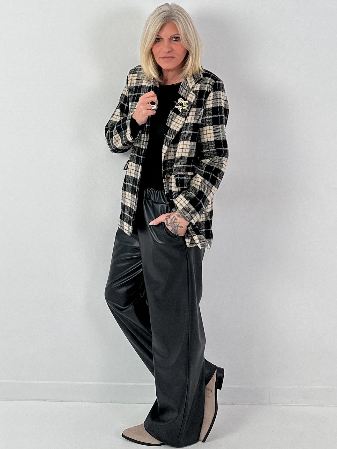 Geruit wollen blazer, model "Royal Check" - zwart-veelkleurig