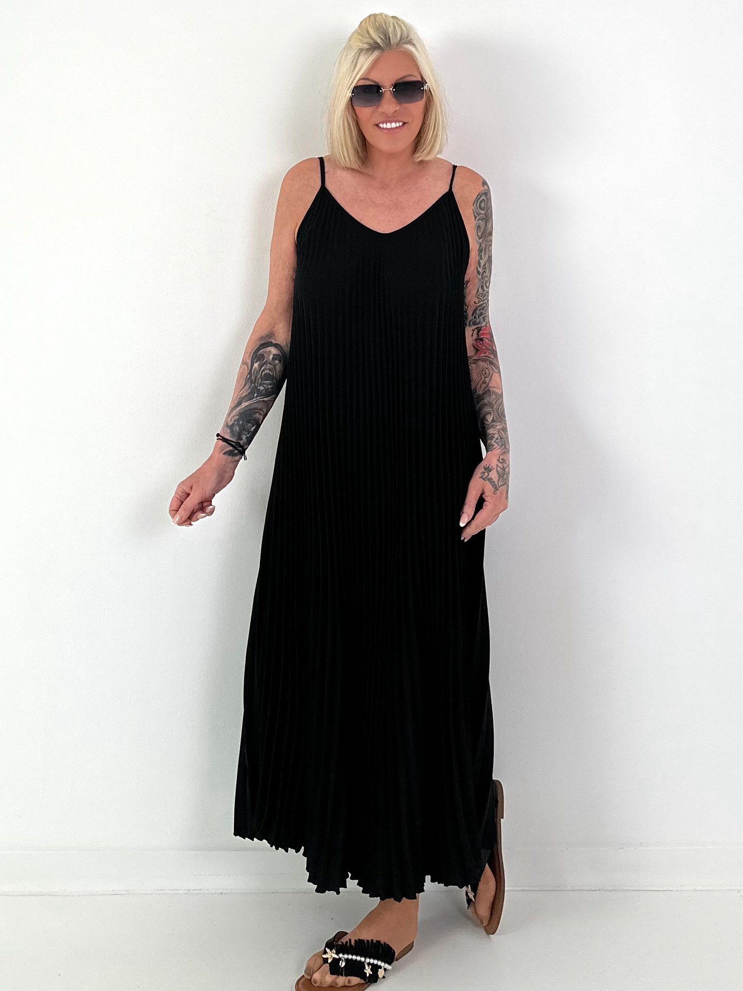 Pleated Dress with Spaghetti Straps - Black
